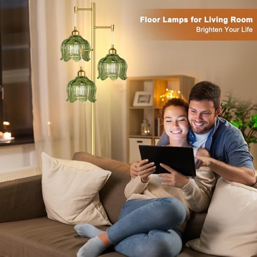 Image of ILLMTW Glass Floor Lamp for Living Room,Bedroom,Gold Mid Century Modern Standing Lamp Brass Tree 3 Light Tall Floor Lamps Vintage Retro Floor Lights Green Flower Lamp Shade Farmhouse Boho Bohemian