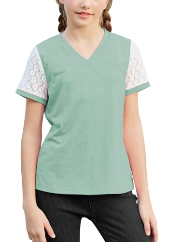 Image of GORLYA Girls Lace Sheer Sleeve Contrast T-Shirt Short Sleeve V Neck Casual Modest Tee Tops for 6-16Y