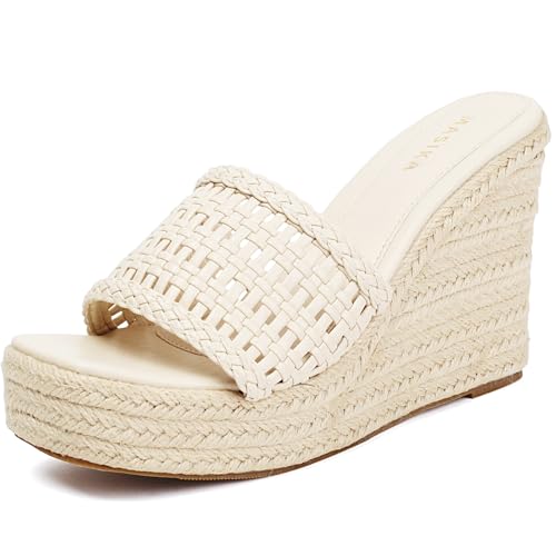 MASIKA women's sandals, comfortable wedge-shaped platform shoes, woven surface high heels, summer beach slippers.