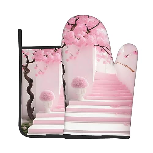 WZYWHJ Cherry Blossom - Juego de guantes de horno y soportes para ollas para cocina, microondas, parrilla, resistente al calor con diseño de cordón