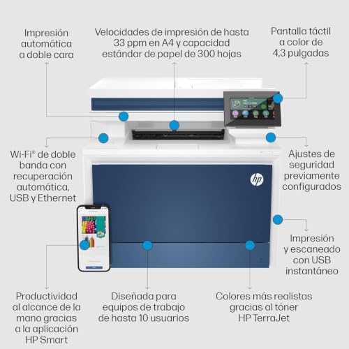 HP Color LaserJet Pro 4302fdw, 5HH64F, Imprimante Multifonction A4, Impression, numérisation et Copie Recto/Verso, 33 ppm, N/B et Couleur, USB, Wi-FI, Ethernet, Fax, Écran Tactile, Bleue et Blanche - 3