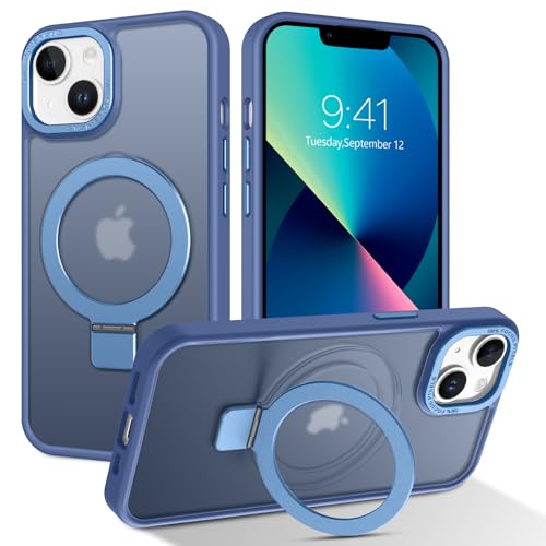 Image of DUEDUE Magnetic Case for iPhone 13/iPhone 14 Case with Stand [Compatible with Magsafe] Invisible Ring Holder, Slim Translucent Matte Back, Military Shockproof Phone Case for iPhone 13/14 6.1", Blue