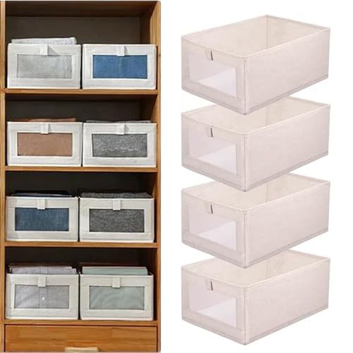 Clothes Storage Box, Wardrobe Jeans Organizer, Visible Drawer Organizers for Clothing, Foldable Closet Storage Basket, Washable Drawer Box for Clothing, T-Shirt, Pants, Sweaters & Books (4-Pcs)