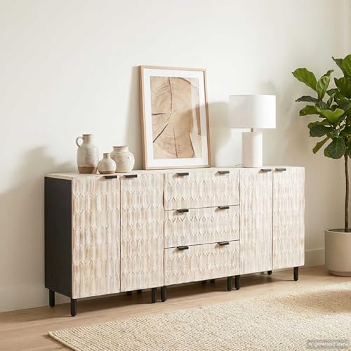 LoogCape Aparador de madera maciza de mango, superficie blanca lavada, 180 x 33 x 75 cm, 3 cajones, armario de almacenamiento para cocina, pasillo, oficina y sala de estar