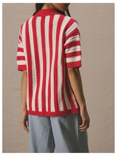 Verdusa Women's Striped Button Down Shirt Y2k Cardigans Colorful Collared Knit Tops Streetwear2