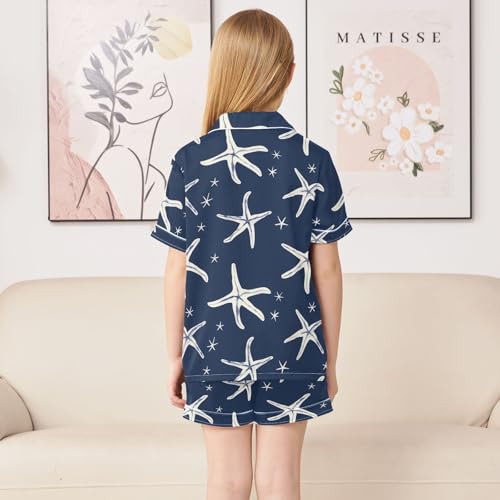 Navy Starfish Print Summer Satin Pajama Set, Cute Button-Down Sleepwear Pj Set for Sleep Wears4