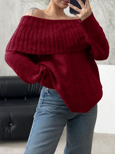Image of Saodimallsu Womens Off The Shoulder Sweaters Oversized Long Sleeve Loose Ribbed Knit Fall Trendy Pullover Tops