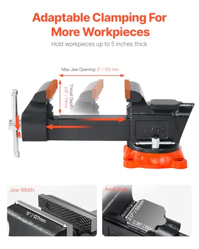 Image of VEVOR Bench Vise, 5 inch Jaw Width, 5 inch Max Jaw Opening Multipurpose Vise with 360 Swivel Locking Base, 2.8 inch Throat Depth, Heavy Duty Ductile Iron Workbench Vise with Anvil, for Clamping Round Pipes