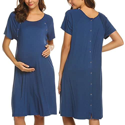 Image of Ekouaer Women’s Nursing/Delivery/Labor/Hospital Nightdress Short Sleeve Maternity Nightgown with Button S-XXL