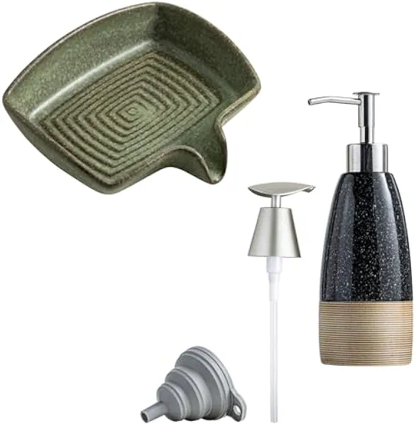 Self Draining Soap Dish, Ceramic Drain Soap Holder & 12 oz Dish Soap Dispenser with 2 Pumps