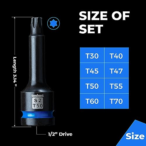Image of toolant Impact Torx Bit Socket Set 8pcs(T30-T70),1 /2 inch S2 Steel Air Drive Star Sockets, High Impact Bits,Professional Mechanic & Automotive Repair Socket Set