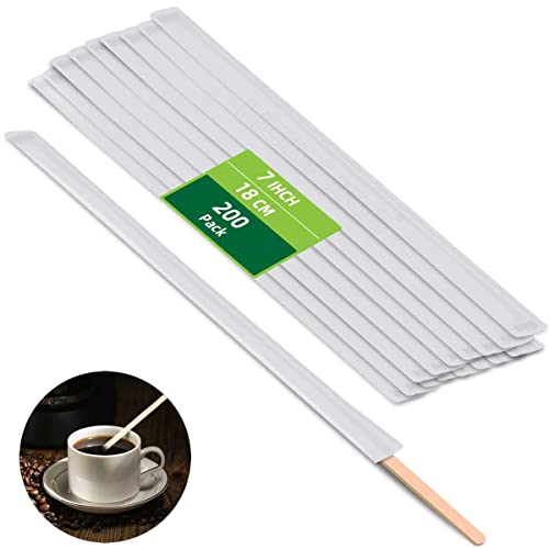 HOMURG Cocktail Stirrers & Swizzle Sticks Wooden Alternatives, Eco-Friendly Disposable Birch Wood Coffee Stir Sticks, Wedding, Christmas 7 Inch Milk Tea Drink Stirrers Individually Wrapped 200 Count