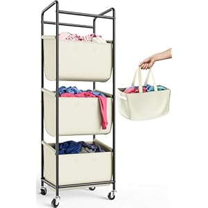 Moforoco Vertical Laundry Sorter 3 Section with Removable Bag, Laundry Hamper with Wheels, 120 L Rolling Laundry Baskets organizer for Bathroom, Apartment, Dorm Room, Beige