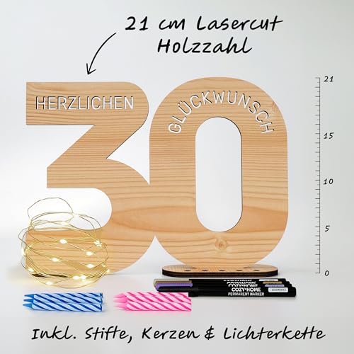 CozyHome Originelle 30. Geburtstag Geschenk & Geburtstag Deko - Inkl. LED Lichterkette + 6 Kerzen & 4 Stifte I Frau Frauen & Männer Geldgeschenke 30er Geschenke Geldgeschenke Gästebuch Holz-Schild