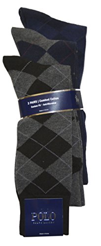 Polo Ralph Lauren Mens 3 Pair Antimicrobial Combed Cotton Argyle Sock (10-13, Black/Grey/Navy)