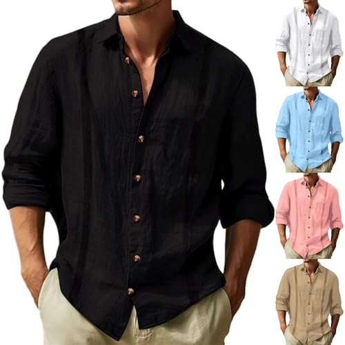 Generic Mens Linen Shirts Long Sleeve Button Down Tops Loose Lapel Casual T-shirts Breathable Beach Tees Spring Summer Fall