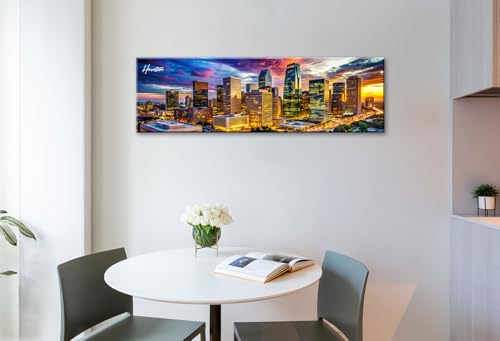 Image of DJSYLIFE Houston Skyline Canvas Wall Art Decor Panorama City Pictures Painting Texas Cityscape Photo Print Artwork for Office Bedroom Living Room Walls Decoration Ready to Hang 13.8 inchx45.3 inch