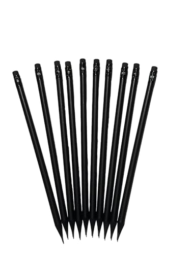 10 pezzi Matite HB con Gomma, TOTAL BLACK con mina in grafite, verniciatura esterna nera, legno e gommino neri