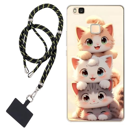 WUACYEAMING Carcasa para Móvil Compatible con Huawei P9 Lite Cover Funda Transparente para móvil con Dibujo TPU Gato lindo1*Cordón para Teléfono Ajustable