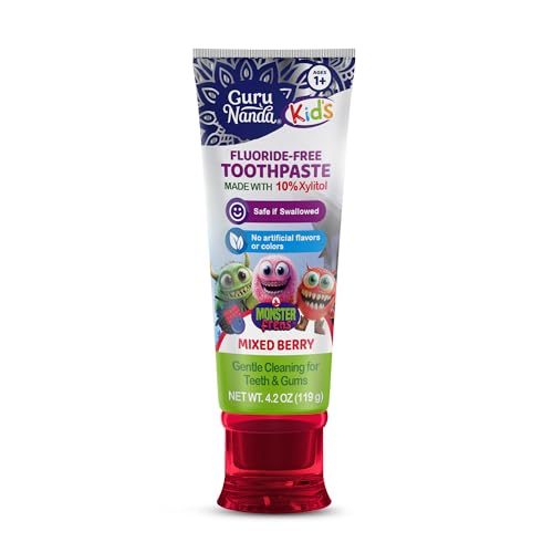 GuruNanda Kids Toothpaste for Toddlers with 10% Xylitol Fluoride-Free Mixed Berry Flavor Safe if Swallowed Gentle Formula for Young Teeth & Gums 4.2 oz