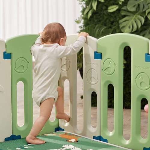 bc babycare Foldable Playpen for Babies, Baby Fence with Lock Door and Activity Wall, Kids Indoor Outdoor Activity Centre Safety Play Yard with Adjustable Shape for Toddlers (14-Panel, White&Green) - Thumbnail 6