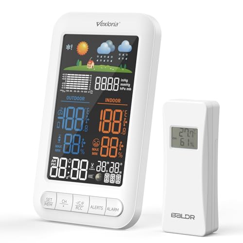 Vexloria Stazione Meteo Wireless Con Sensore Esterno, Termometro Da Interno, Igrometro Da Interno Con Visualizzazione Della Temperatura, Previsioni Meteo, Sveglia, Versione Di Aggiornamento Bianco