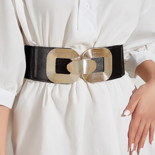 UOOZEE Women's 3 Inch Wide Black Stretch Belt Fits 26.77"-31.5" Waist Gold Double Ring Buckle Elastic Waist Belt for Dresses2