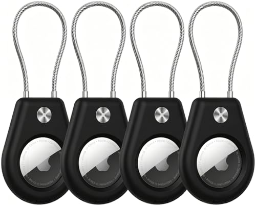 for AirTag Holder Keychain 4 Pack- [1st/ 2nd Gen] with Steel Cable Lock, Anti-Theft for Air Tag Holder for Luggage, Dog Collar, Keychain, Unbreakable Pet Funda para Air Tag| Black