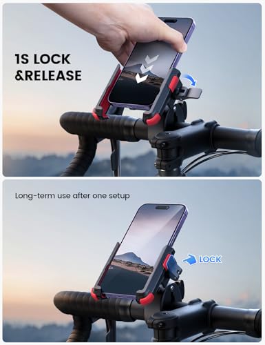 Image of Lamicall Motorcycle Bike Phone Mount, 1s Lock Bike Phone Holder | Camera Friendly Bicycle Phone Clip, Scooter Phone Holder Gifts for iPhone Pro Max, Galaxy S25 Ultra, 4.7-7 inch Phones, Red