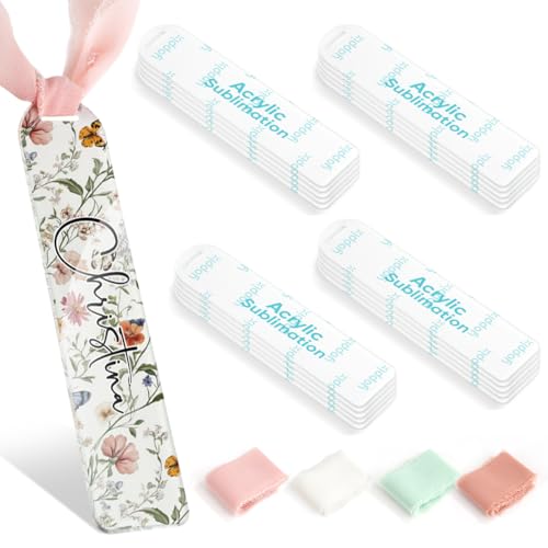 YOPPIX 40 Pcs Sublimation Acrylic Bookmark Blank kit with 20 Ribbons for Heat Transfer Bookmarks Wedding Table Decorations Christmas Tree Decor Reading Lovers DIY Crafts Presents