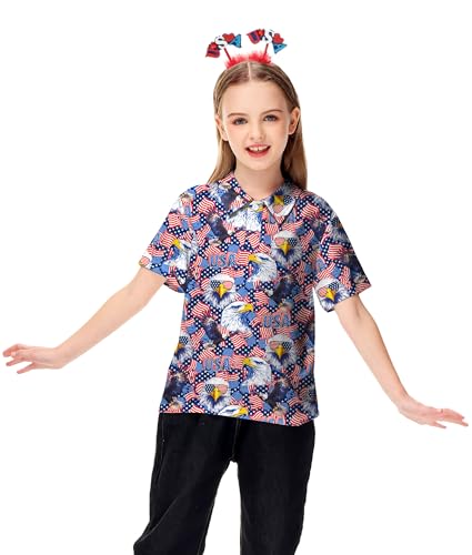 Image of AOBUTE Kids 4th of July Polo American Flag Short Sleeve Button Down Shirts Tops 3-14 Years