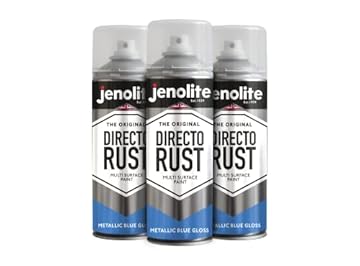 JENOLITE Directorust Metallic Gloss Spray Paint | BLUE | 3x400ml | Multi-Surface Blue Spray Paint for Metal, Wood, Plastic | All-In-OnePrimer, Undercoat and Topcoat | Interior & Exterior