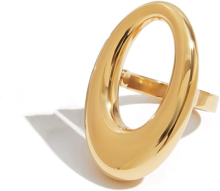 Kokoma Hollow Oval Ring for Women Geometric Circle Round Chunky Ring Stackable Stainless Steel Rings Modern Statement Finger Jewelry
