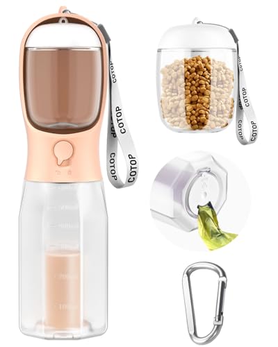 Image of 20oz Dog Water Bottle with Food Container & Poop Bag Dispenser | Leak-Proof Portable Pet Water Dispenser with Carabiner Clip | for Walking, Hiking, Travel (Peach, 20oz)
