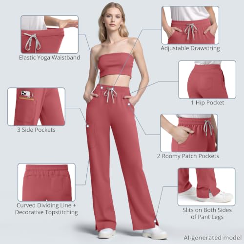 Image of Women's 7-Pocket Scrub Pants - Straight Leg, Mid-Rise, Drawstring | Soft stretch knit Mid-rise drawstring Side slits Wrinkle-resistant Machine washable For nurses /doctors /vets