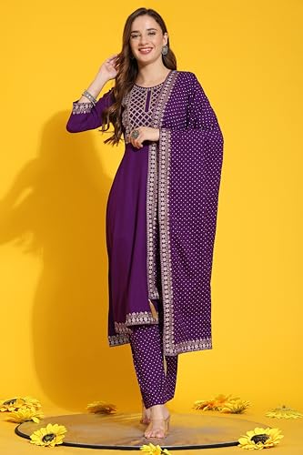 Image of TRENDMALLS Women's Rayon Foil Print Salwar Suit Set Anarkali Kurta Pant with Dupatta Pink Kurta Set for Women