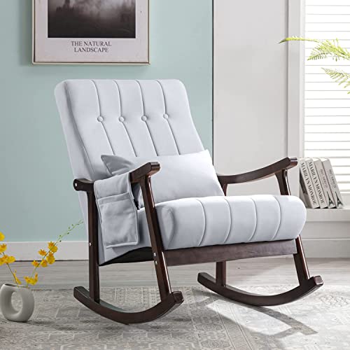 Image of Rocking Chair Nursery Glider with Ottoman, Mid Century Lounge Chair , Vintage Leather Comfy Accent Chair for Living Room, Reading , Zero Gravity, Side Pocket, Lumbar Pillow, Leathaire, Light Gray