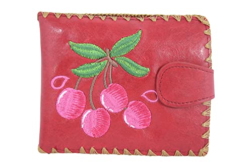Cute Cherry Embroidered Vegan Leather Bi-Fold Wallet for Women – Adorable and Functional Design (Red, Medium)