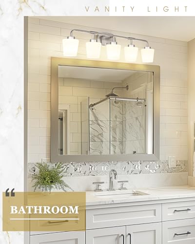 Image of Bathroom Light Fixtures Over Mirror, 5-Light Brushed Nickel Vanity Lighting Fixtures with Milk White Glass, 38inch Farmhouse Wall Sconces Lighting, AD-22004-5W-SN