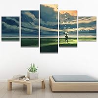 5 Panel Canvas Wall Art Painting of Man Holding an Umbrella Standing Alone in The Meadow Watching at The Cloudy Horizon Pictures Modern Artwork for Home Decorations Ready to Hang - 60