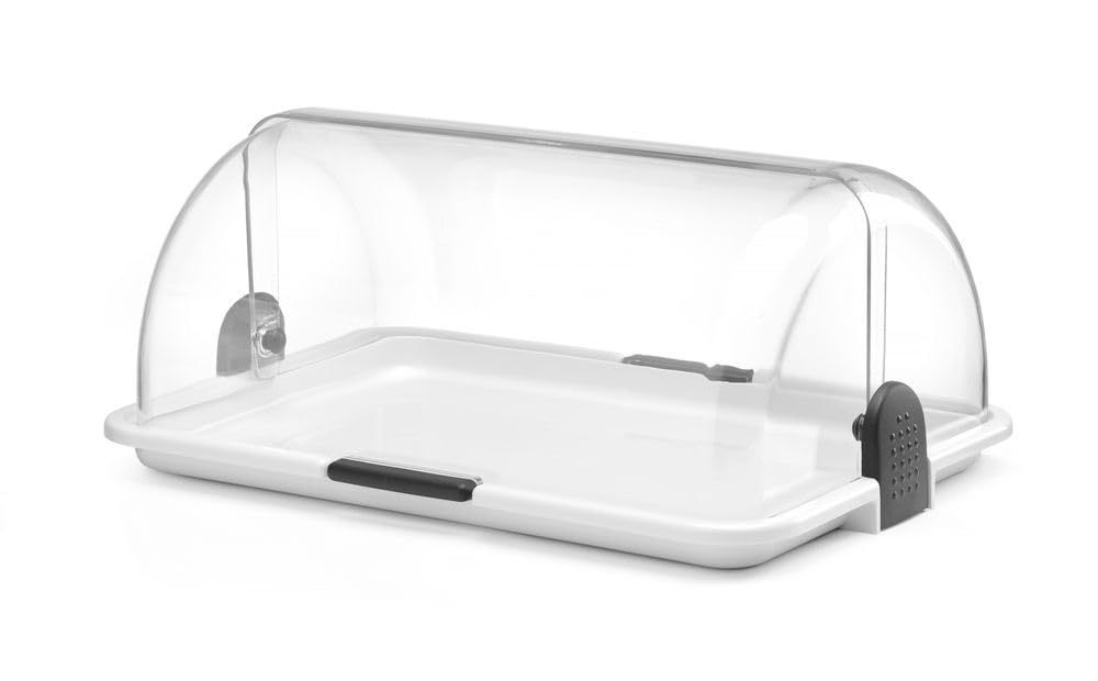 HENDI Vitrine de présentation à couvercle coulissant roll-top, Simple | Base en PP, couvercle transparent en PS, ouverture des deux côtés, compatible lave-vaisselle, 465x315x(H)195mm