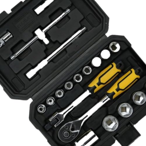 Image of STANLEY STMT79056 20-PIECE Hex Socket Set 3 /8 inch Drive With Ratchet, Comes in a Case, Chrome Vanadium Steel, Professional Tool Kit for Automotive, Plumbing, Garage & Home Repairs