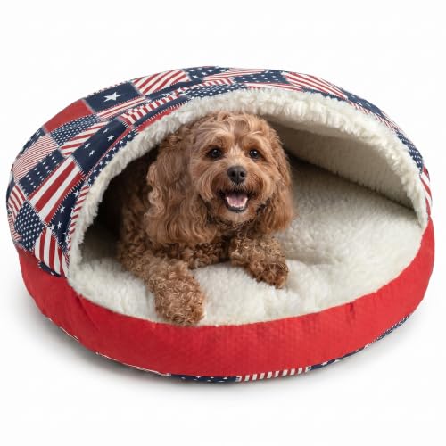 Image of Snoozer Cozy Cave Dog Bed, Round Covered Dog Bed, Starpatch Red Diamond (S)