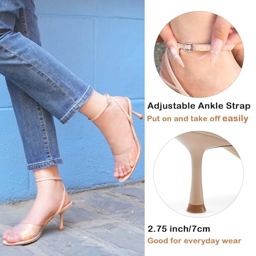 JENN ARDOR Clear Heels for Women Kitten Strappy Sandals Comfort Round Open Toe Ankle Strap Stilettos Wedding Party Low Heeled Dress Shoes