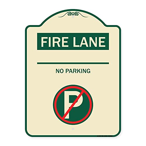 SignMission Designer Series Sign - Fire Lane - No Parking (with No Parking Symbol) | Tan & Green 18" x 24" Heavy-Gauge Aluminum Architectural Sign | Made in The USA