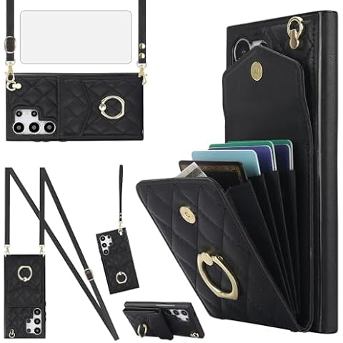 Asuwish Phone Case for Samsung Galaxy S24 Ultra 5G Wallet Cover with Tempered Glass Screen Protector and Wrist Strap Ring RFID Blocking Card Holder Leather Cell S24Ultra 24S S 24 24Ultra Women Black Cover