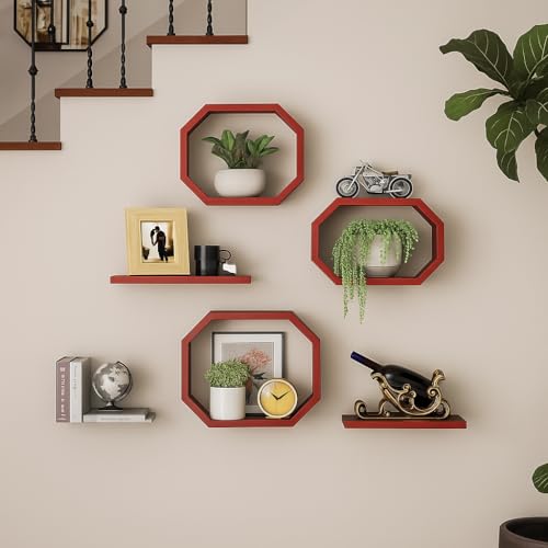 Image of Wall Mounted Floating Shelves Set of 6, Multipurpose Display, Book, Storage & Decor Shelves, Octagon Shape Wooden Wall Shelf for Living Room, Bedroom, Kitchen (Red)