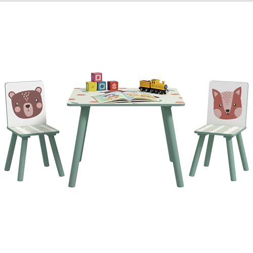 ZONEKIZ Mesa e cadeiras infantis de 3 peças mesa infantil com 2 cadeiras conjunto de móveis para atividades para crianças de 3 a 8 anos para quarto sala de jogos verde e branco