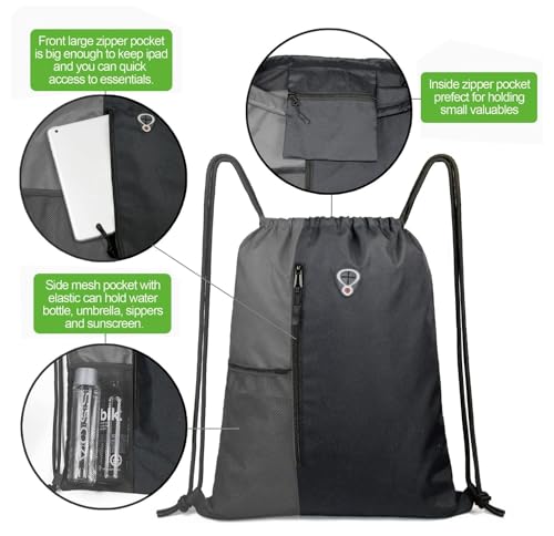 Image of ALASKA Drawstring Backpack Sports Gym Bag Large Size (18 Inch x 14 Inch) for Women & Men, Large Size With Two Zipper Pockets and Water Bottle Mesh Pocket.