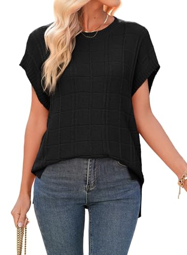 Image of Dokotoo Women's Casual Short Cap Sleeve Knit Tops Summer Loose Crewneck Solid Side Slit Shirts Blouses